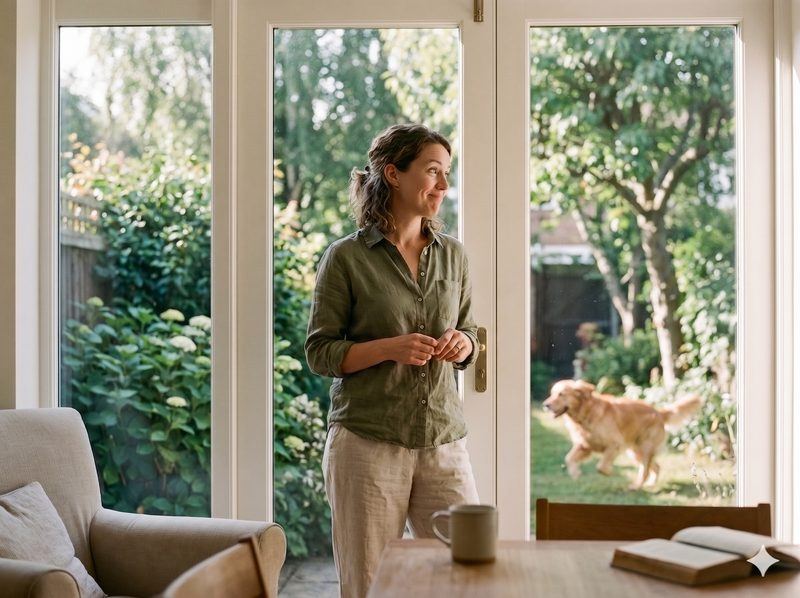 Woman looking out at her garden through French doors, curious expression