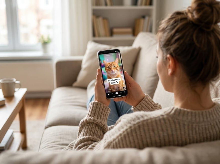 Woman relaxing on couch watching her cat's recap video on phone